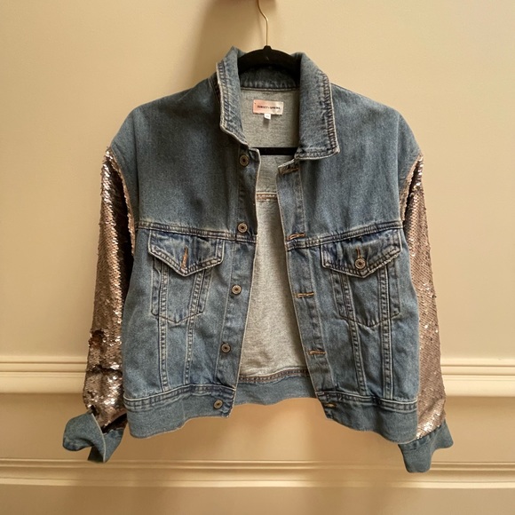 Sunset + Spring denim jacket with sequined sleeves - Picture 1 of 7